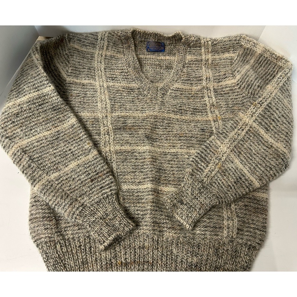 Vtg PENDLETON‎ Virgin Wool Sweater Mens XL Windowpane Plaid Vneck  Pullover